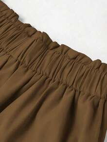 Pantalones anchos de mujer de cintura alta con pliegues y botones - Caqui - Ver 4