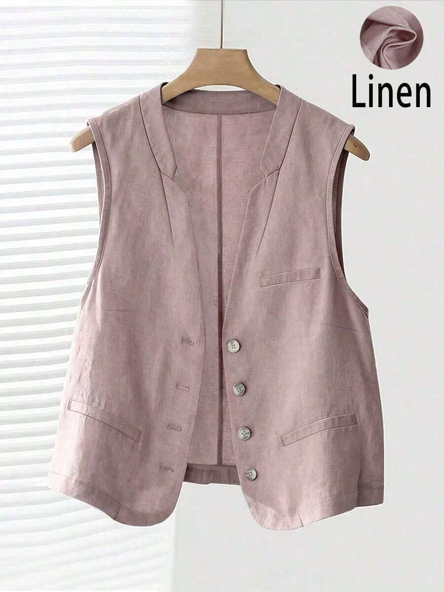 Chaleco corto de lino casual para mujer, color blanco, para primavera y verano - Rosa vieja - Ver 1