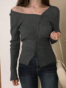 Blusa casual de mujer de punto acanalado con botones y manga corta - Gris Oscuro - Ver 4