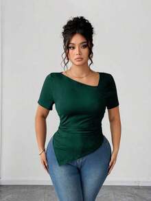 Camiseta de manga corta de cuello asimétrico para mujer talla grande, top ajustado versátil y elegante de alta gama, adecuado para primavera/verano - Verde Oscuro - Ver 3