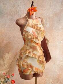 2026 Nuevo vestido de mujer con escote sexy, estampado floral y cuello halter, con diseño de volantes en el borde, estilo Y2K revival, estilo dulce y picante, look de vacaciones, para adultos jóvenes, tela transparente, ajuste ceñido, ligero.Adec - Amarillo claro - Ver 5