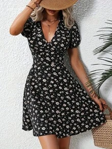 New Women's Summer Dress, Elegant Floral Print, Casual, Vacation Dress, V-Neck, Puff Sleeves - 黑色 - 查看 8
