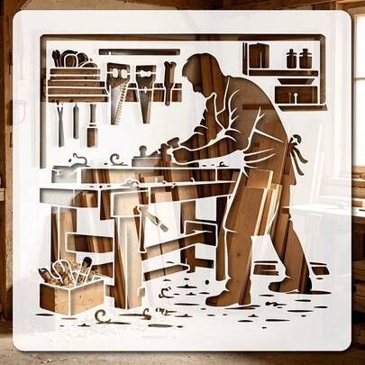 1 khuôn mẫu rỗng hình cảnh thợ mộc cổ điển 20cm*20cm, khuôn mẫu dụng cụ bàn làm việc, khuôn mẫu vẽ tranh DIY, khuôn mẫu gỗ và nhựa trang trí tường, thích hợp cho vẽ tranh, thủ công, trang trí tường, đồ nội thất, phác thảo trên vải.