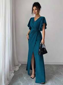 Vestido elegante y romántico para mujer con cuello en V, mangas con volantes, ajuste en la cintura y bajo de cola de sirena - Agua verde azul - Ver 6