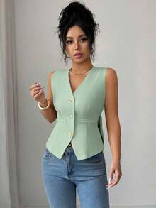 Camiseta de tirantes de mujer de algodón a rayas con lazo y escote en V sin espalda.Ajustada y que realza la figura, muestra por completo el encanto femenino.Adecuada para otoño e invierno, es una opción ideal para citas, vacaciones, ir al - Verde - Ver 3