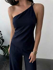 Nuevo conjunto de verano elegante de vacaciones de 2 piezas de lino, con top de cintura fruncida y espalda descubierta de dobladillo asimétrico en color albaricoque y pantalón largo de cintura alta - Azul marino - Ver 5