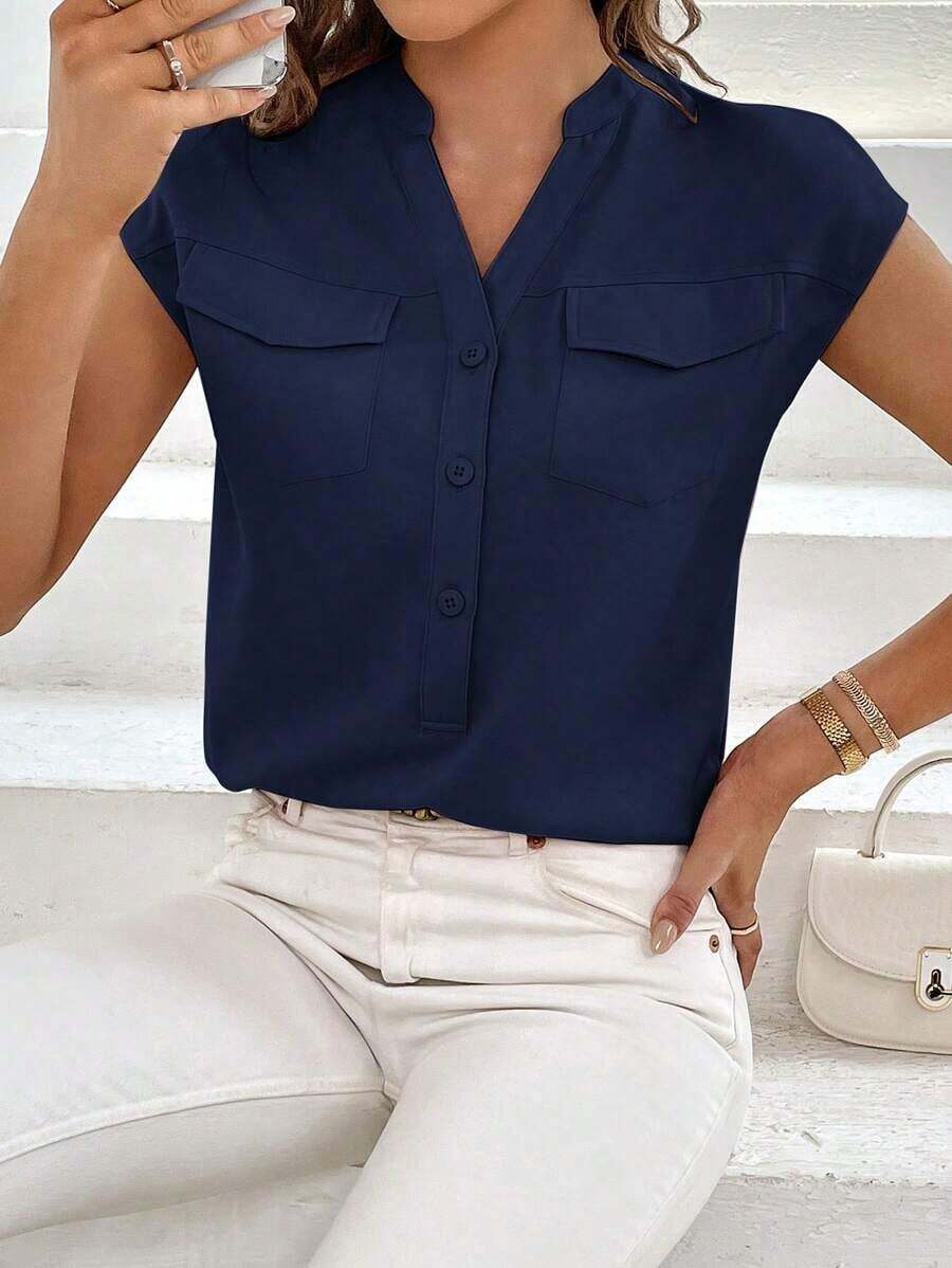 Camisa casual de mujer de manga corta con bolsillo, cuello en V con muesca y unicolor para uso laboral - Azul marino - Ver 1