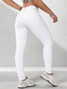 Jeans vaqueros de mujer ceñidos con bolsillos, informales y versátiles - Blanco - Ver 2
