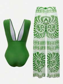 Swim Oasis Conjunto elegante de retro con estampado en espiral de un solo pieza de traje de baño coordinado con pantalón de pierna ancha, conjunto de vacaciones elegante para mujeres - Multicolor - Ver 2