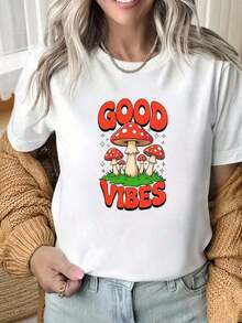 Camiseta de manga corta con cuello redondo y estampado interesante para mujer, camiseta con gráfico de hongos "Good Vibes", top casual divertido con estampado de hongos, camiseta de algodón para el verano, pieza de moda. Adecuada para fiestas de Navidad, actividades deportivas, fiestas de vacaciones, salidas, deportes y otros regalos navideños. Camiseta unisex de algodón holgada de manga corta y cuello redondo estilo vintage urbanoSuitable for spring, summer and autumneurmuseeurmuse - Blanco - Ver 7