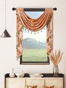 1pc Vintage Coin Jacquard Curtain With Delicate Pearl Trim And Hollow-Out Design, European Luxury Style Polyester Sheer Curtain, Suitable For Living Room And Bedroom Windows And Doors, Curtain Rod Not Included - Brown - View 1