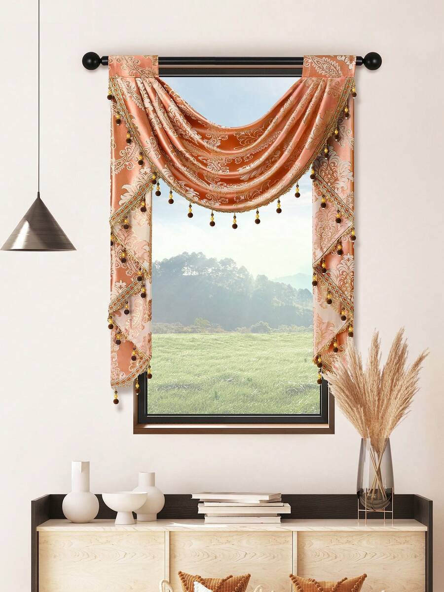 1pc Vintage Coin Jacquard Curtain With Delicate Pearl Trim And Hollow-Out Design, European Luxury Style Polyester Sheer Curtain, Suitable For Living Room And Bedroom Windows And Doors, Curtain Rod Not Included - Brown - View 1