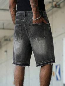 Men's Loose Fit Distressed Denim Shorts, Rhinestone Decor, Vintage Wash, Raw Hem Design, Streetwear Y2K Style, Casual Summer Pants, Suitable For Daily/Party Wear, Great Gift For Husband/Boyfriend - màu đen - Xem 3