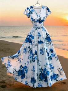 Nuevo vestido elegante y ajustado con capucha, diseño de cordón en la cintura y estampado tejido, estilo de vacaciones para mujeres - Multicolor - Ver 8