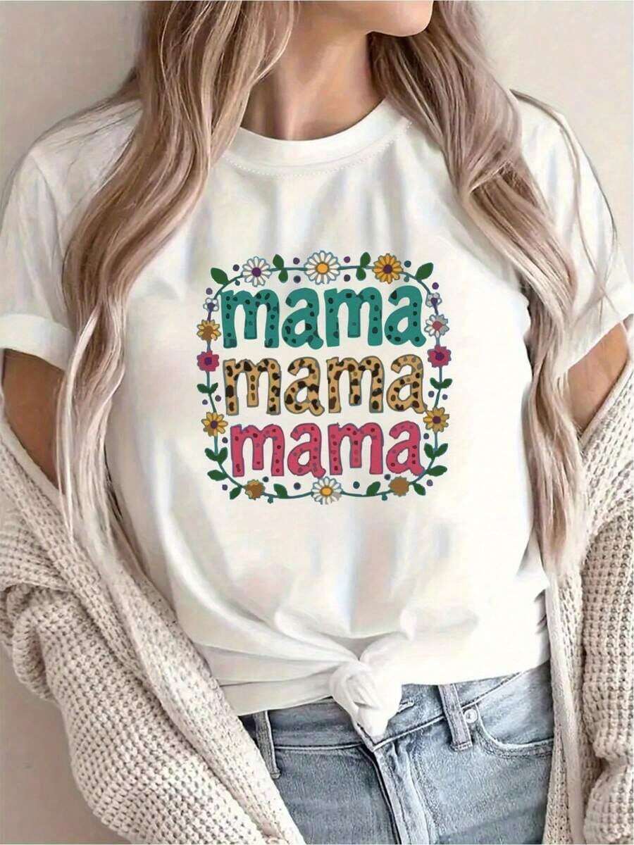 [New Recommendation] Women's Casual Love Letter Print T-Shirt For Mother's Day, Vacation Style, Short Sleeve, Round Neck, Spring And Summer, Machine Washable, New Women's Clothing, Versatile And Fashionable, Size S - [白色的] - 查看 1