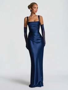 Red Satin Square Neck Maxi Dress, Ruched Bodycon Formal Evening Gown With Gloves - Navy Blue - View 9