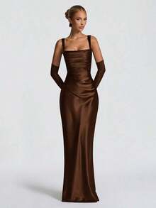 Red Satin Square Neck Maxi Dress, Ruched Bodycon Formal Evening Gown With Gloves - 棕色 - 查看 1
