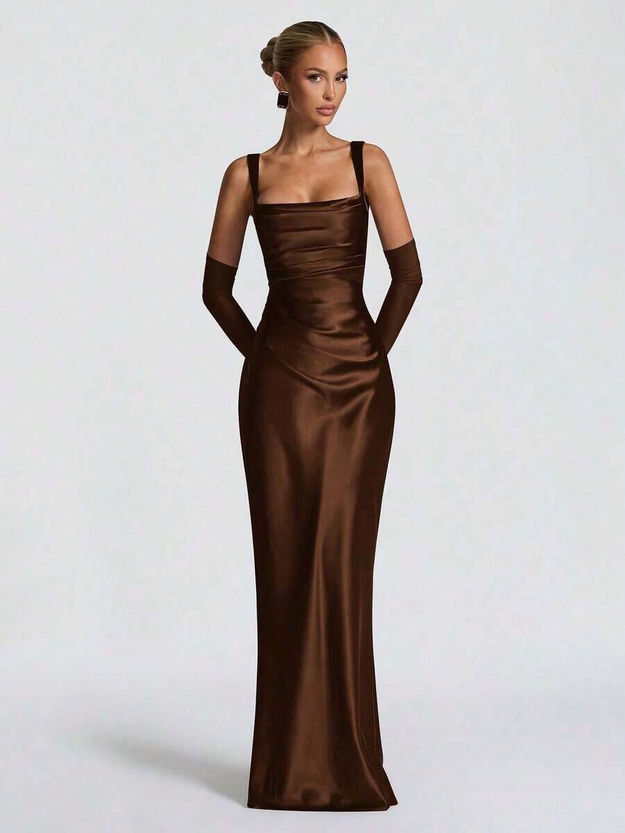 Red Satin Square Neck Maxi Dress, Ruched Bodycon Formal Evening Gown With Gloves - 棕色 - 查看 1