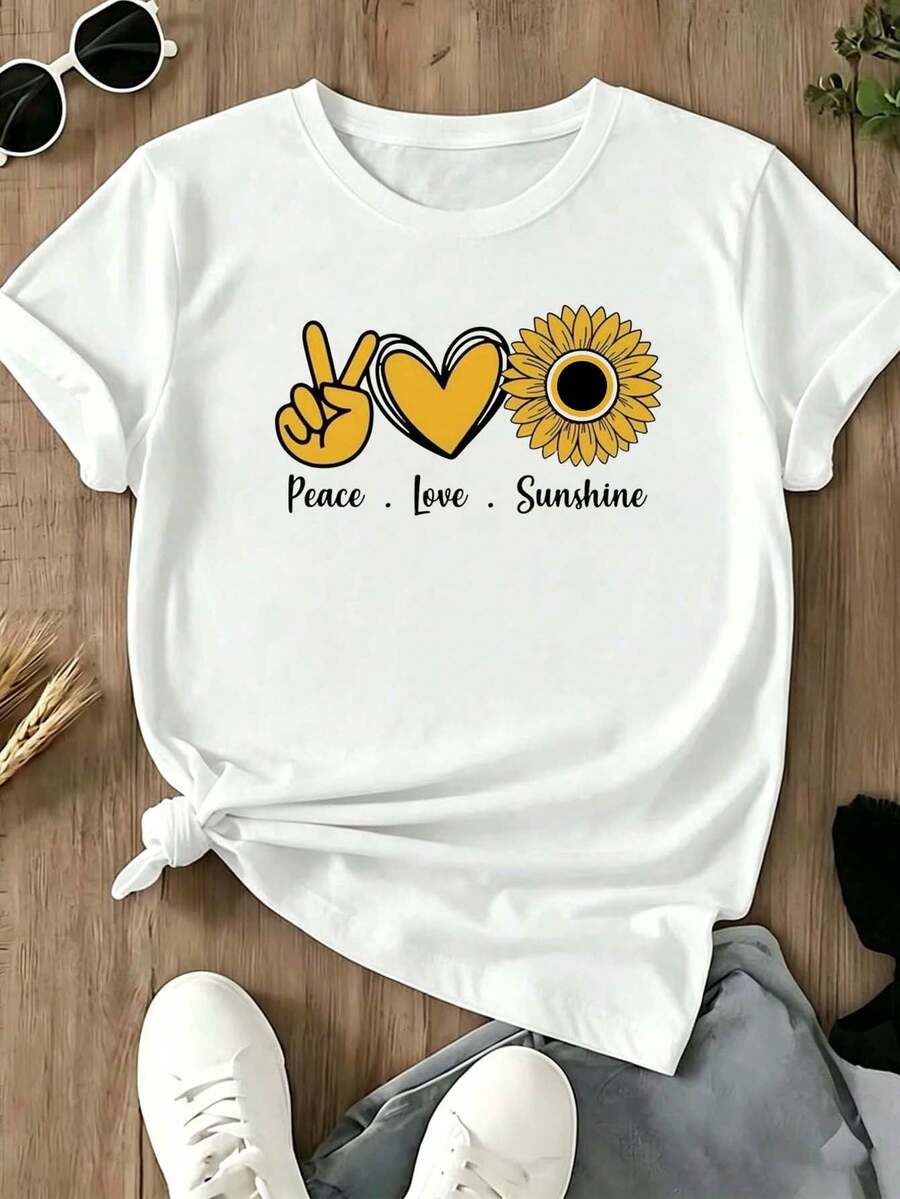 Camiseta para Mujer Blanca con Estampado de Girasol, Corazón y Señal de Paz, Frase "Peace Love Sunshine", Cuello Redondo de Manga Corta, Top Casual con Diseño Alegre, Ropa Cómoda para Uso Diario, Ajuste Regular para Verano y Salidas Informales - Blanco - Ver 1