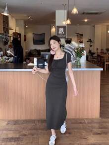 Y6Y 法国蓝女士春夏性感修身中长款方领连衣裙，优雅 - 深灰色 - 查看 3