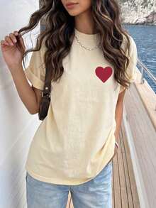 Nuevo Estilo de Verano 2026, Camiseta de Mujer de Cuello Redondo, Manga Corta Casual con Estampado de Corazón, 100% Algodón, Talla Grande, Ideal para Salir, Viajar y Uso Diario en la Calle. - Albaricoque - Ver 2