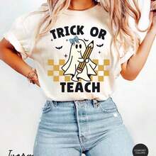 100% Algodón  ® Camiseta de Halloween para Maestros, Trick Or Teach, Camiseta de Maestro de Halloween, Camiseta, Camiseta de Maestro Espeluznante, Camiseta Retro de Maestro Fantasma, Estampado Cómodo, Cuello Redondo, Manga Corta, Ropa Urbana de Verano, Elástica, Transpirable, Ligeramente Versátil, Ropa de Diseñador Suave Unisex para Hombre y Mujer, Estilo Casual, Holgada, Camiseta Casual y Versátil Y2k Camiseta Camisa De - Blanco - Ver 10
