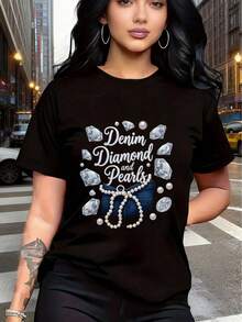 Premium Unisex T-Shirt With Y2K Print, Simple And Elegant Diamond And Pearl Design On Denim Fabric, Loose Short Sleeves, Casual Unisex Cut, Urban Style, Ideal For Spring, Crew Neck, Machine Washable, Suitable For Easter, Mother's Day, Cute. New Arrival - 黑色 - 查看 3