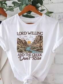 Talla, Camiseta Vintage de Paisaje de Cañón para Mujeres Talla - Estampado Gráfico LORD WILLING AND Don'Rise, Manga Corta Cuello Redondo, Blusa Casual con Cañón y Formación, Blusa de Primavera Verano para Atuendos Casuales y Eventos Especiales, Lavable aáquina - Blanco - Ver 7