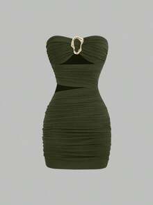 Vestido corto ceñido y sin tirantes para mujer con hebilla metálica - Verde militar - Ver 5