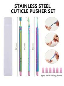 3pcs Stainless Steel Dual-Head Cuticle Pusher & Remover, With 6pcs Nail Buffing Stones, Professional Manicure Tools - Multicolor - View 7