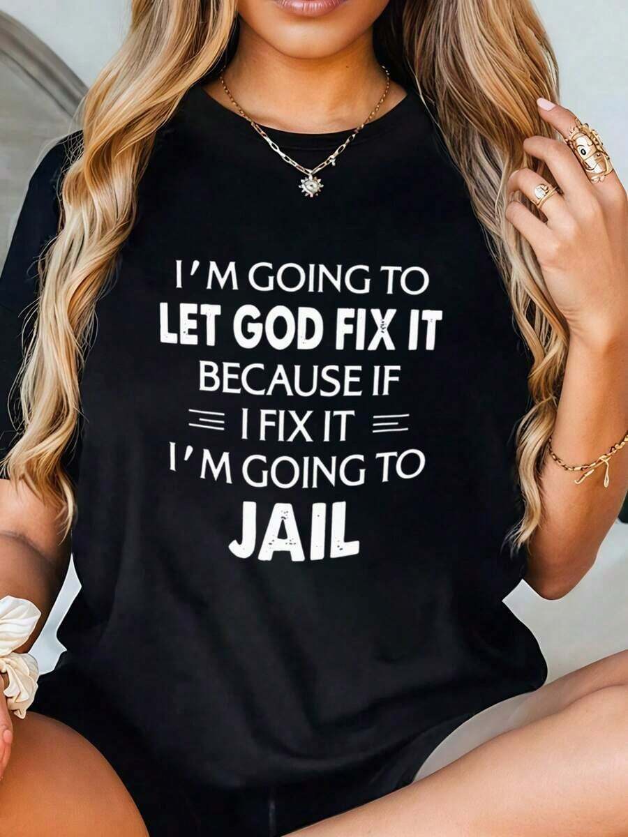 Women's Funny Graphic T-Shirt - 'I'm Gonna Let God Fix It' - Casual Short Sleeve Summer T-Shirt - 黑色 - 查看 1