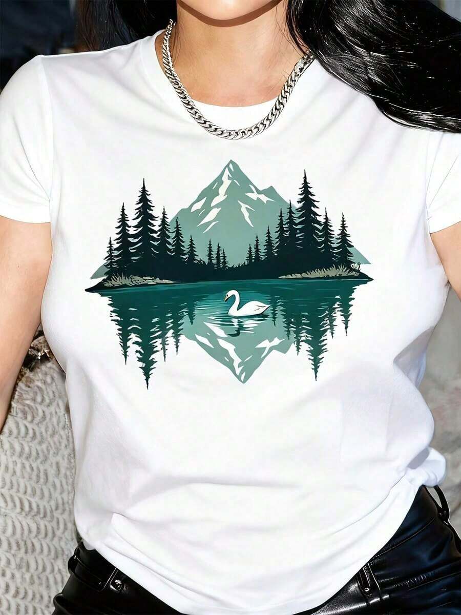 1 Piece Women's 100% Plus Size T-Shirt With Swan Lake And Mountain Print - White And Turquoise Pine And Swan Design, Casual Short Sleeve Crew Neck T-Shirt For Christmas, Thanksgiving, Casual Wear - Breathable For All Seasons. - 白色 - 查看 1