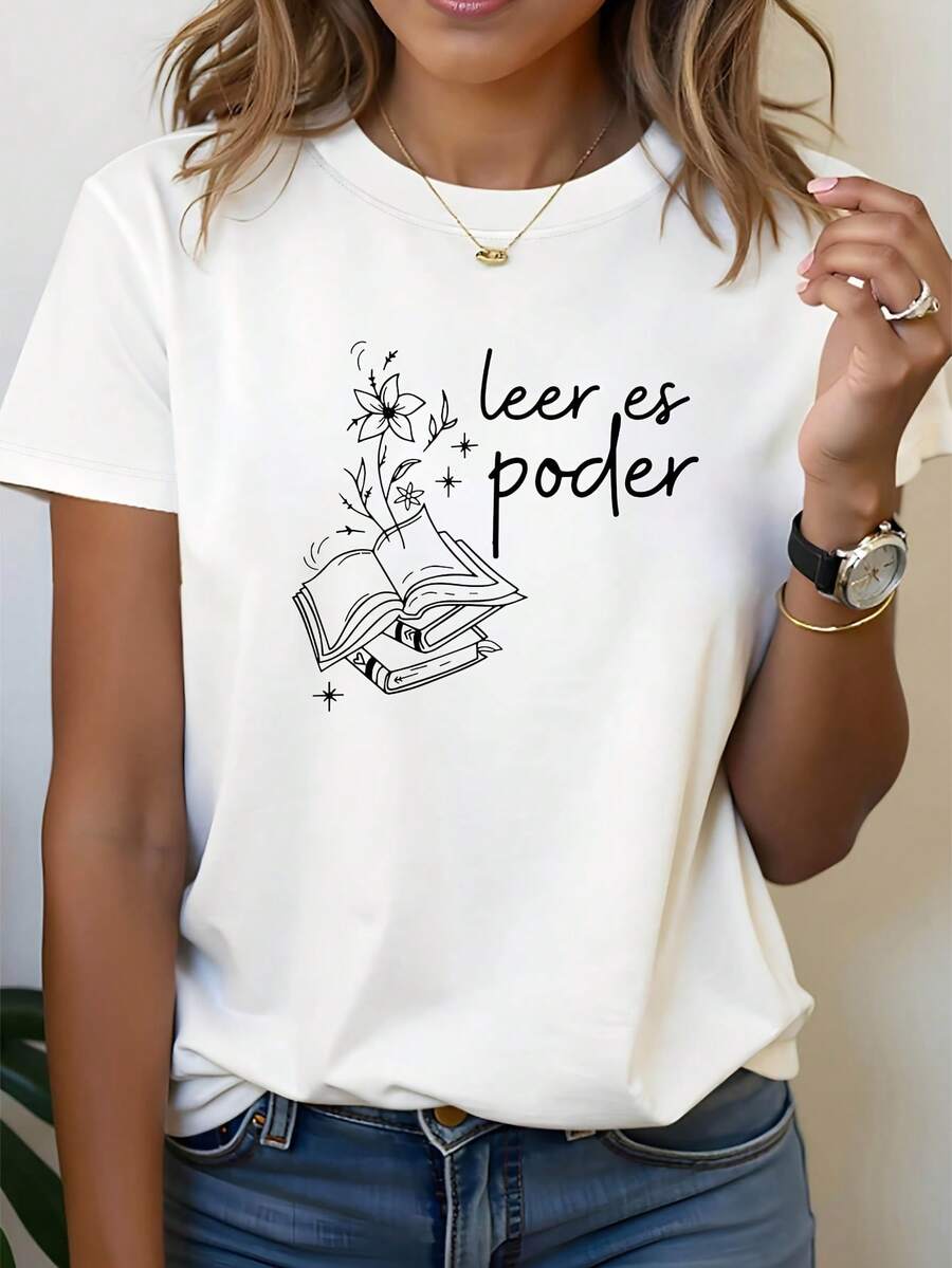Modern And Minimalist Women's T-Shirt, Elegant Women's Clothing, With The Spanish Phrase "Reading Is Power", Floral Print, White Short-Sleeved Printed T-Shirt - Suitable For Spring, Summer And Autumn, Casual Style, Fashionable Design, Versatile For Daily Use, Modern Style, Casual For Everyday Wear. - 白色 - 查看 1