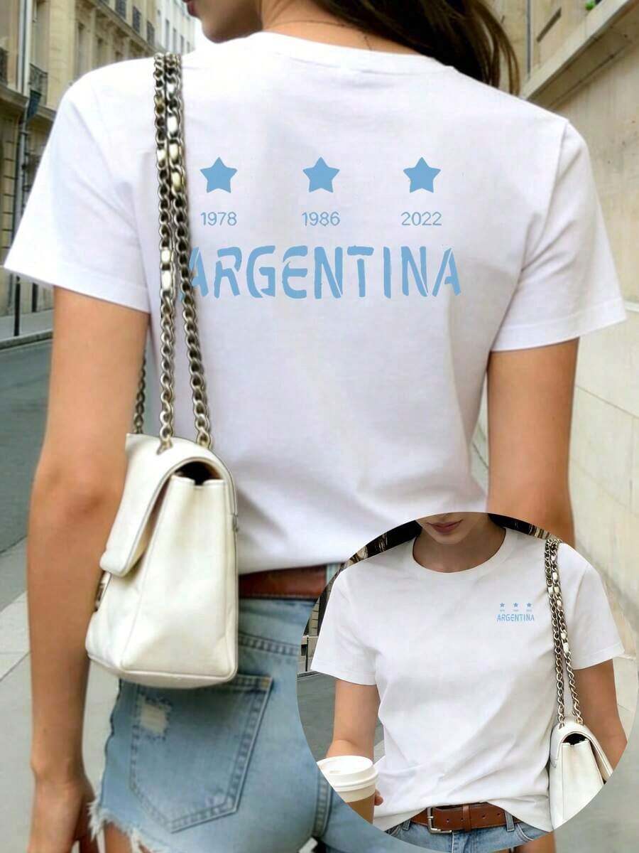 Camiseta Casual PremiumMommy And Me para Mujer - Camiseta con Estampado Conmemorativo de la Triple Corona de la Copa Mundial de Argentina para Mujer, con Patrón, Cuello Redondo Casual, Manga Corta, Top de Moda de Verano para Mujer, Doble Estampado en la Parte Delantera y Trasera, Camiseta para Uso Diario, Regalo para el Día de la Madre, Ecológica. - Blanco - Ver 1