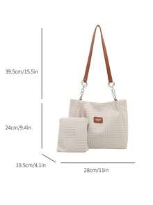 Fashionable Striped Handbag - Women's Large Capacity Shoulder Bag - Zipper Tote Bag For Daily Use With Metal Chain - White - View 5