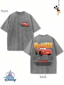 Men's Disney Washed McQueen Detail Tee, Retro Racing Print, Loose Fit, Premium Cotton. - Xám - Xem 1