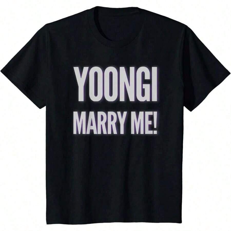 Women's Short-Sleeve Blouses, Yoongi Marry Me T-Shirt, Y2K Style Activewear, Round Neck, 100% Cotton, Soft Fabric, Short Sleeves. - 黑色 - 查看 1
