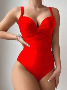 Swim Mujeres elegante traje de baño de una pieza de unicolor con copas acolchadas con realce - Rojo - Ver 1