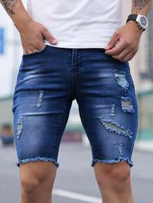 Men's Fashionable Distressed Frayed Hem Elastic Denim Capri Pants - Blue - View 5