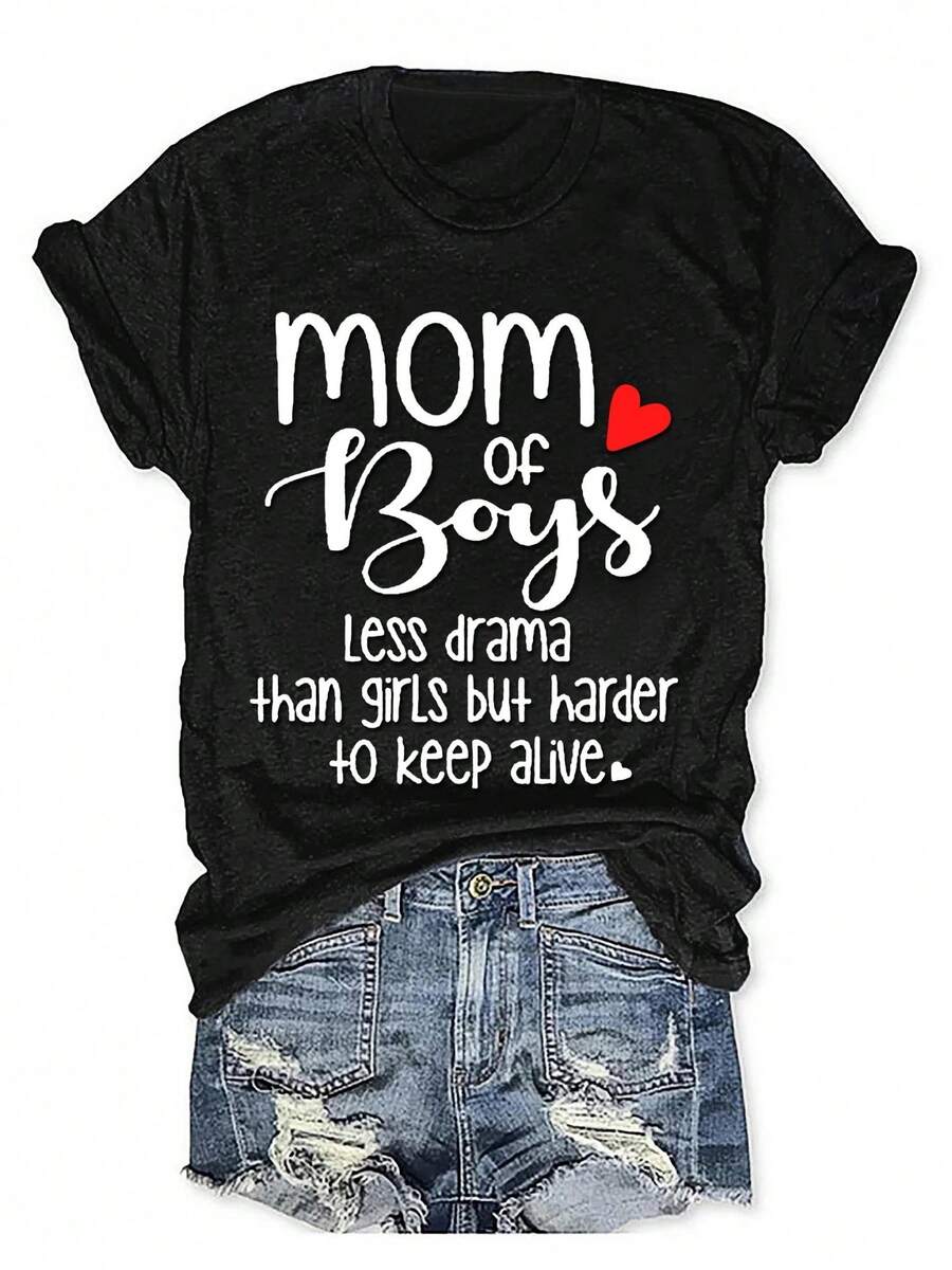 Women's Short-Sleeved T-Shirt With Round Neck And Print, Casual, Double-Sided Print - 黑色 - View 1