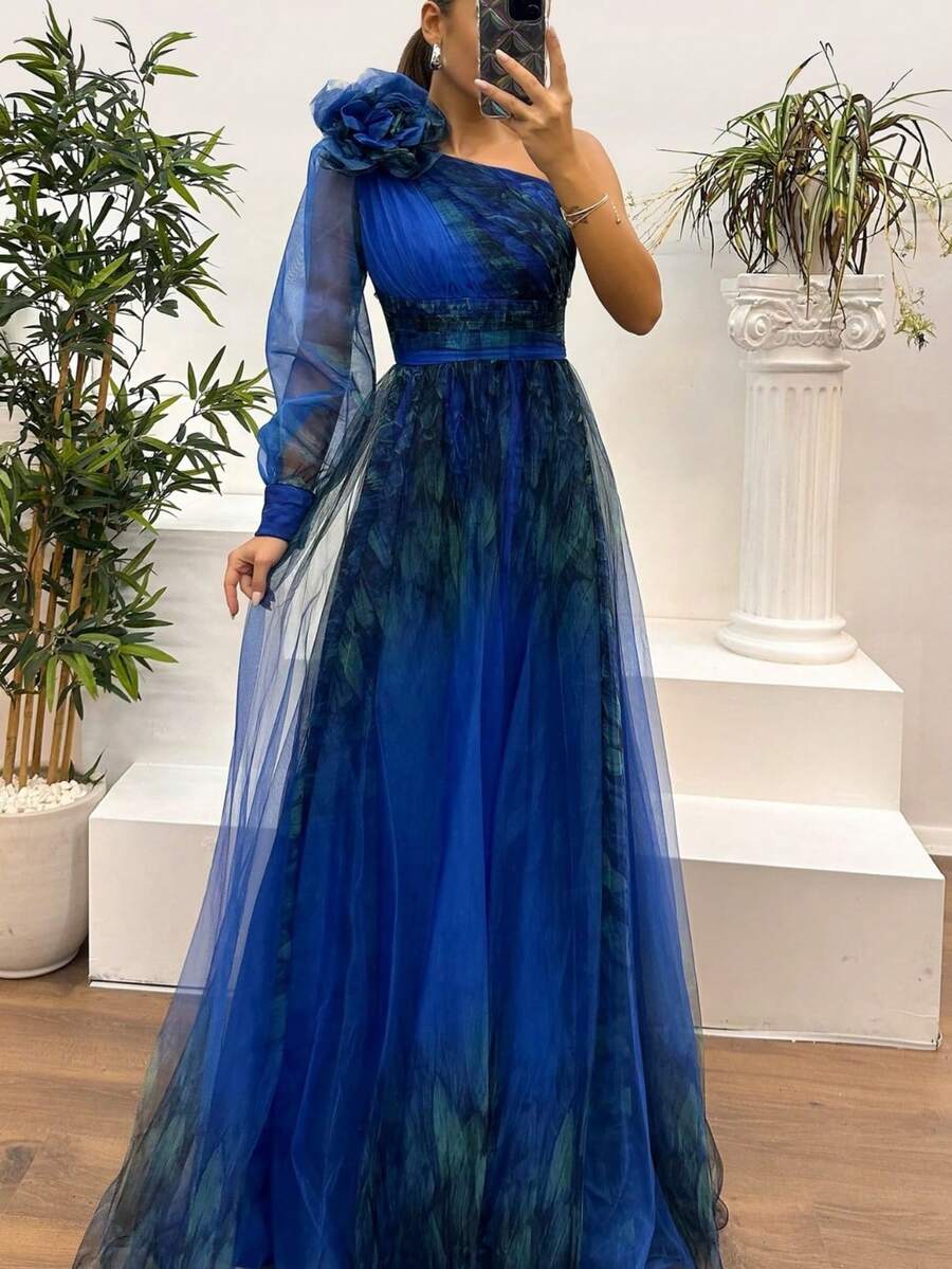 Vestido amplio de tul con diseño asimétrico para uso diario - Azul - Ver 1