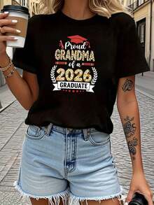 Summer TopviralwomensT-Shirts Graduation Season Proud GRANDMA Of A GRADUATE Text Print Women's Round Neck Spring/Summer Short-Sleeve T-Shirt, Casual Shopping, Holiday Gift, Friends' Gatherings, Music Parties, Vacation Wear Summer Outfit For Women 100% Cotton Must-Have For The Festival - 黑色 - 查看 8