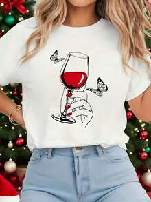 Soft 100% Cotton Plus Size T-Shirt With Artistic Print Of Red Wine Glass And Butterfly, White Short Sleeve Round Neck T-Shirt - Machine Washable, Casual Style, Comfortable Fit, Modern Design, Versatile For Everyday Wear, Soft Fabric, Breathable Style, Cotton T-Shirt That Matches Everything. - 白色 - 查看 7