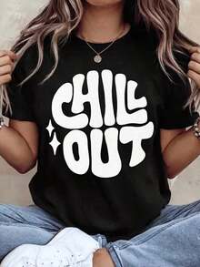 Playeras de mujer, camiseta de cuello redondo con estampado relajado, manga corta, top casual de verano para uso diario, conjuntos de mujer. - Negro - Ver 1