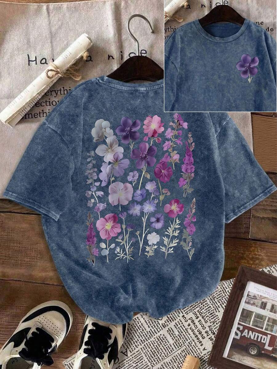大码女式休闲碎花T恤，紫色碎花，水洗做旧，圆领短袖设计，休闲简约，适合日常休闲穿着、外出、户外穿着，复古做旧风格，春夏款，四季皆宜。