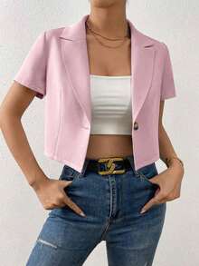 Blazer de mujer de unicolor con un solo botón y manga corta, para uso casual en verano - Rosa - Ver 5
