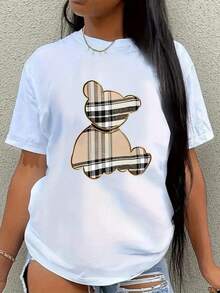 Letter Print T-Shirt, Round Neck, Short Sleeve, Casual Style, Spring Summer, Casual Fashion For Women, 100% Cotton - 白色 - 查看 12