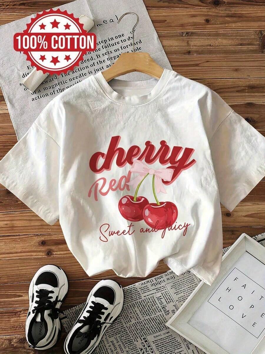 1 pieza de camiseta para mujer, camiseta casual de manga corta con cuello redondo - Estampado de diseño dulce en rojo cereza, 100% algodón puro, lavable a máquina, estilo cómodo para todas las estaciones, top de verano, diseño divertido, algodón suave, ropa de primavera, moda, camisetas gráficas, camisetas vintage, 180g 100% algodón (tallas S-3XL), top para mujer, camiseta de manga corta, top para mujer, camiseta de manga corta. - Blanco - Ver 1