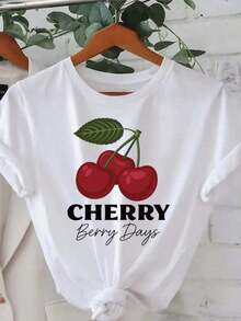 Camiseta con estampado de cerezas de verano, manga corta, cuello redondo, top casual para primavera y verano, ropa de mujer - Blanco - Ver 1