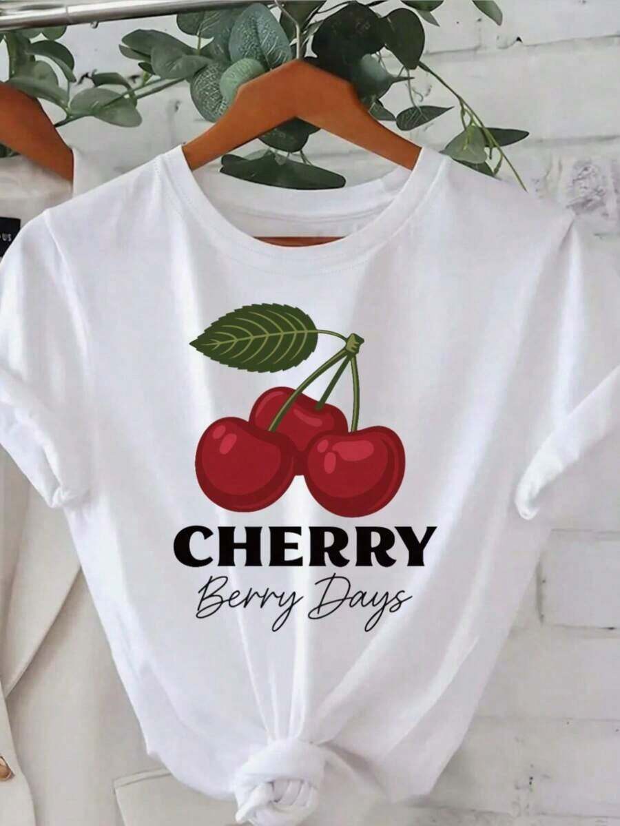 Camiseta con estampado de cerezas de verano, manga corta, cuello redondo, top casual para primavera y verano, ropa de mujer - Blanco - Ver 1